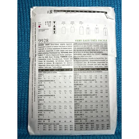 Vogue sewing pattern 9928 straight skirt knee midi 14 16 18 - Picture 3 of 10